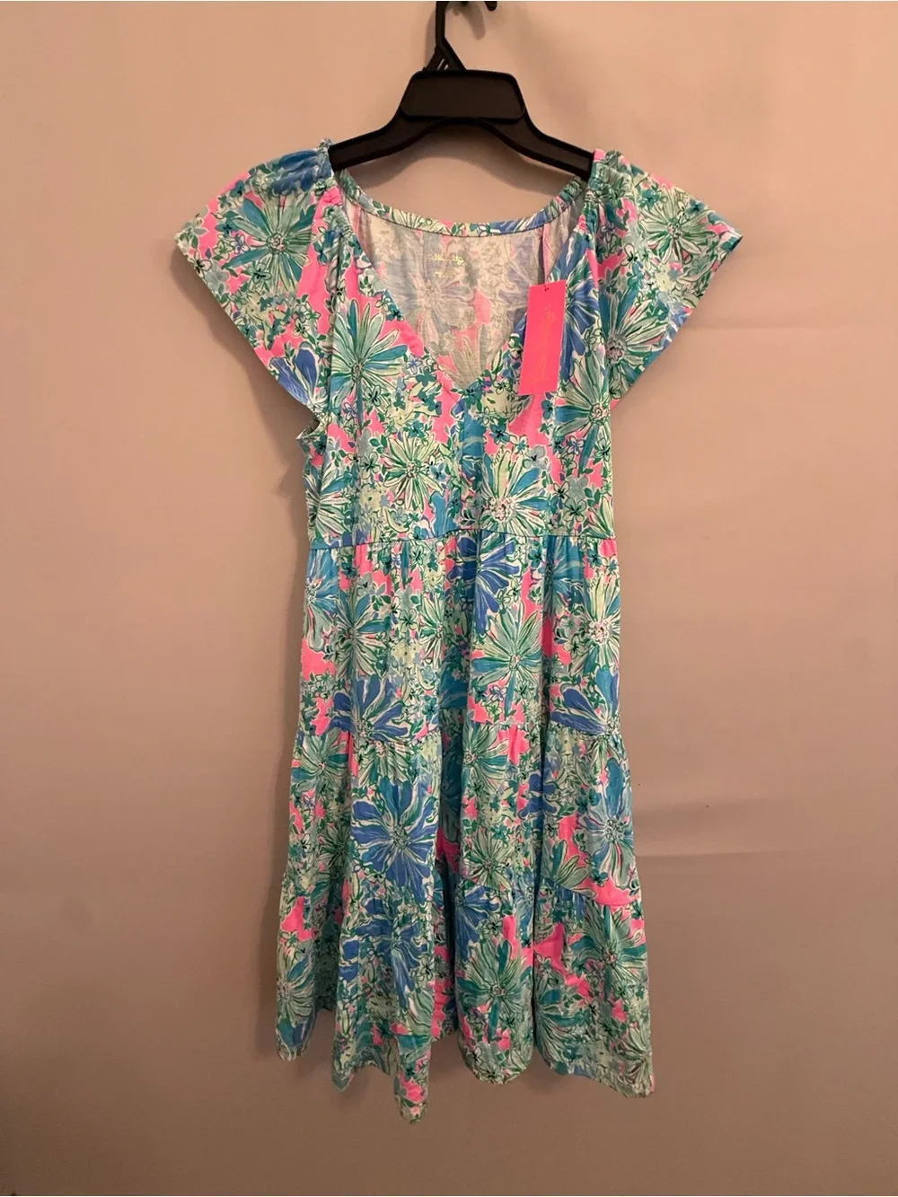 Lilly Pulitzer KAWAI FLUTTER SLEEVE D Floral V-Neck Dress in Pink & Aqua